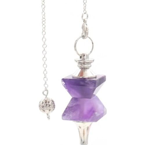 Silver Plated Pyramid Amethysts Stone Pendulum for Scrying Pendant Black Agates Link Chain Jewelry