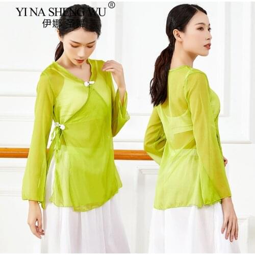 Womens Classical Dance Costumes Chinese Style Elegant Body Rhyme Practice Shirt Long Sleeve Thin Transparent Practice Clothes