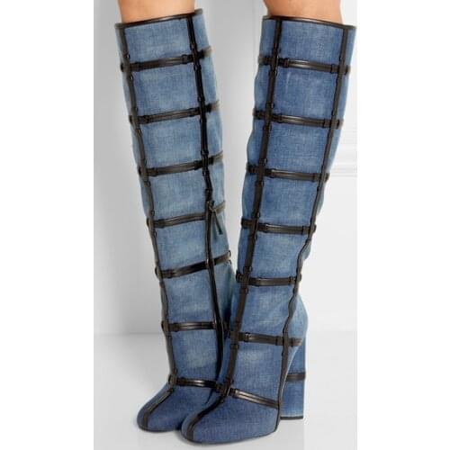 Riband Hot Selling Women Denim Riding Knee-High Fall Winter Boots High Heel High Quality Long Boots