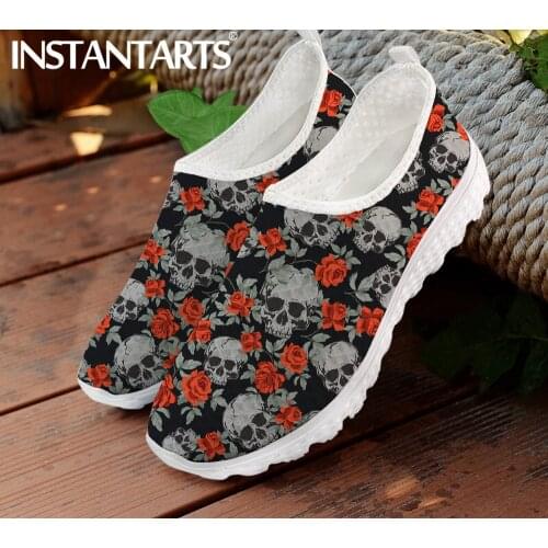 INSTANTARTS Red Rose Grey Skull Pattern Print Womens Sneakers Mesh Flats Gothic Shoes for Ladies Summer Slip On Loafers
