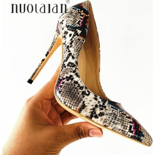 2019 Women Pumps Snake Printing Leather Super High Heels Sexy Ladies Pointed Toe Stiletto Pumps Slip on Heeled Party Shoes Woman