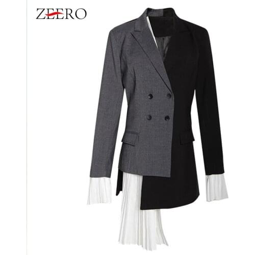 Europe style 2019 Autumn Women Blazers and Jackets Female Ruffle Patchwork Hit Color Irregular Long Blazer Ladies Casual Coat