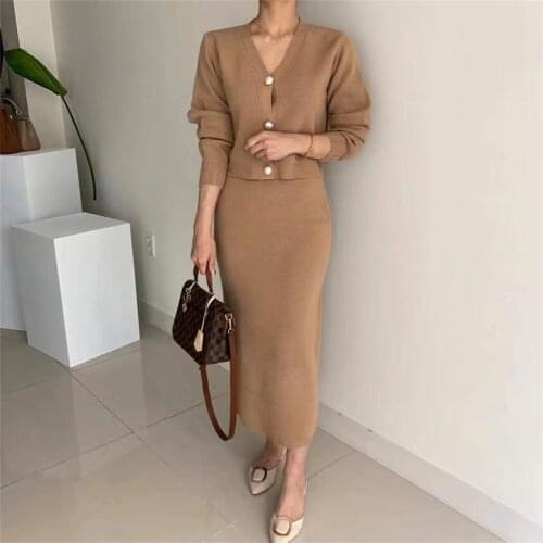 Alien Kitty Knitwear Suits Pearls Elegant Cardigans Sweaters Coats Bodycon 2021 Chic Autumn Slim High Waist Skirts Two Piece Set