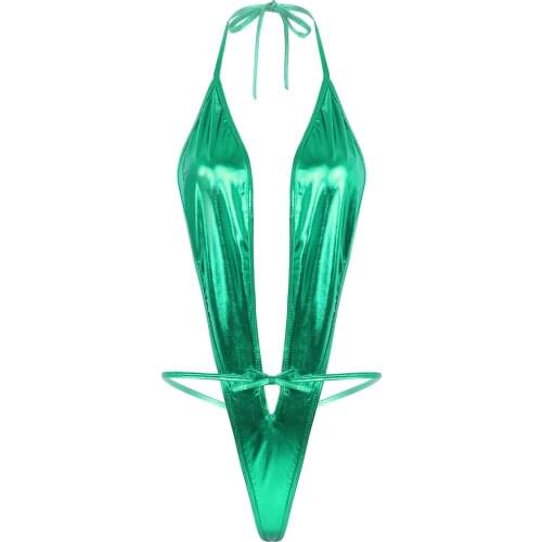 Womens Lingerie Sexy Thong Leotard Bodysuit Halter Neck Lace-up Micro Bikini Swimwear Shiny Metallic Patent Leather Bodysuit