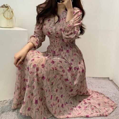 Flower Dress Women Floral Chiffon Vestidos Maxi Vestido Elegant Autumn Pink Korean Long Sleeve V Neck Beach Ropa Mujer 15420