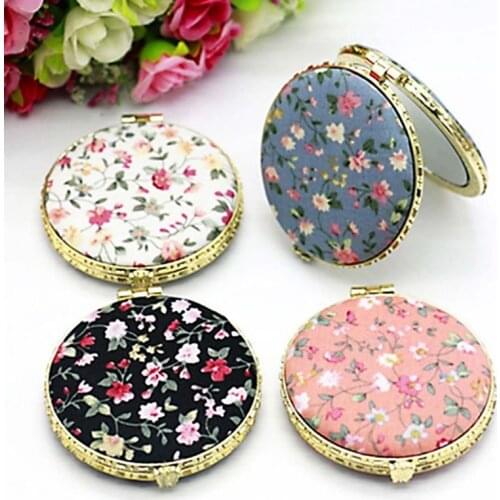 1Pc Mini Round Pocket Folding Makeup Mirror, Chinese Style Compact Cosmetic Tool Vintage Floral Print Double Sides