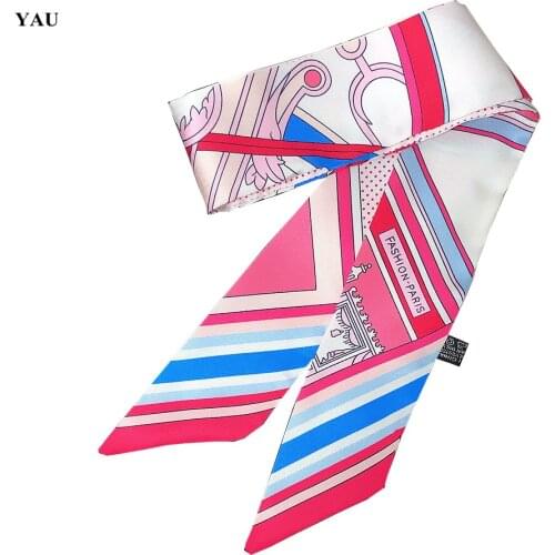 2020 New Style 95cm*5cm Stripe Paris Printed Small Scarf Women Twill Silk Scarf Headband Long Scarves Bag Accessories Ribbon