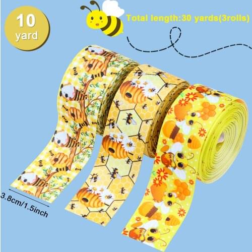38MM Ribbon Yellow White Beige Bee Grosgrain DIY Party Gift Packaging Materials