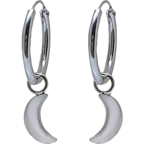 925 sterling silver earrings, silver hoop for men and women, hoop earrings with Crescent pendant