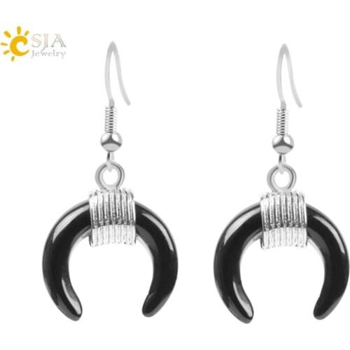 CSJA Bohemian Silver Color Crescent Half Moon Dangle Earrings for Women Natural Gem Stone Purple Crystal Quartz Lazuli Opal F115