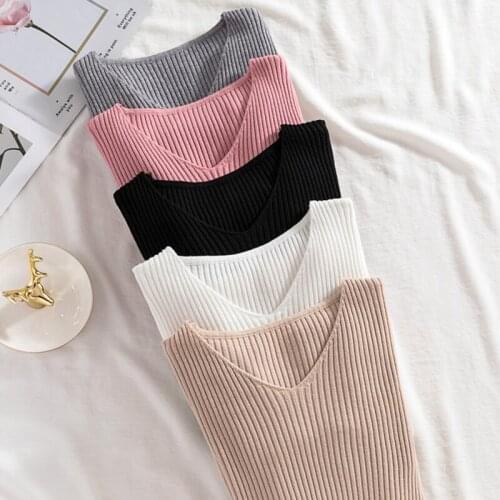 Long sleeve V-Neck High elasticity Slim Sweaters Women Ribbed Autumn Winter Jumpers Fashion White Pullovers Knitted casual Tops