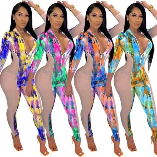 Cutubly Mesh Patchwork Women Sexy Jumpsuit Tie Dye Print Sexy Jumpsuits for Women Zipper Long Sleeve Jumpsuit for Women Summer