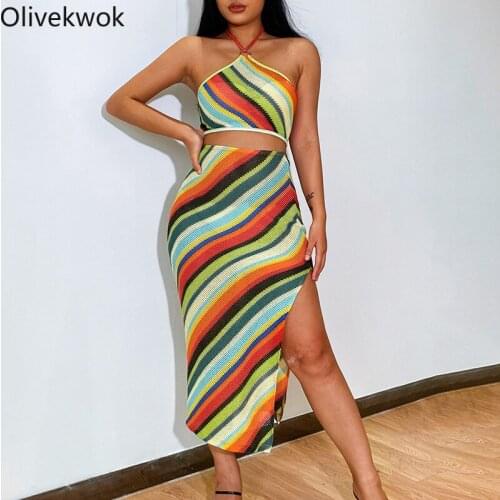 Olivekwok Print Striped Two Piece Sets Sleeveless Fashion Split Skirts Set Streetwear Autumn Casual Backless Outfits