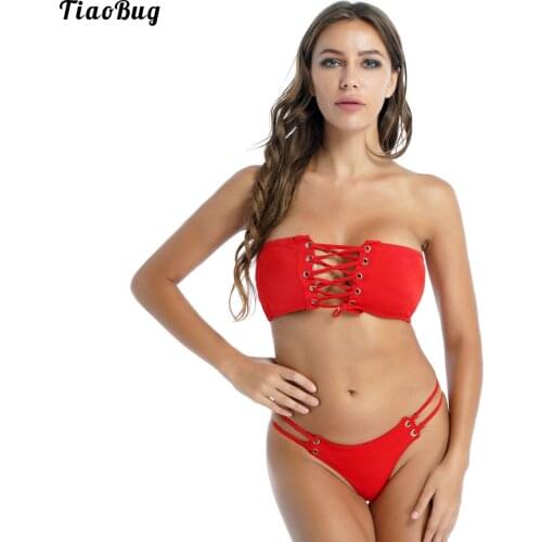 TiaoBug Summer Fashion New Women Solid Color Bikini Set Two-Piece Swimsuit Bathing Suit Lace-Up Strapless Crop Top With Briefs
