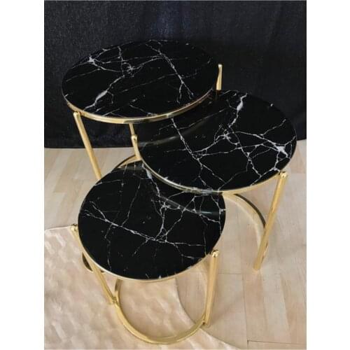Lux 3'lü Zigon Coffee Table Pad Black Marble Pattern-Gold Foot wohnzimmertisch طاولة غرفة معيشة столик из стекла