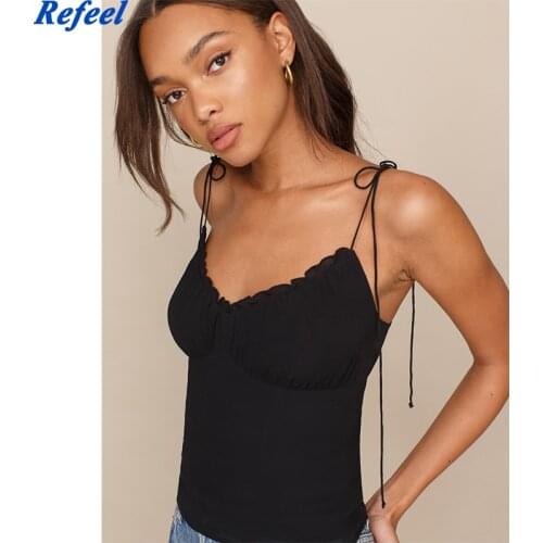 Fashion Ruched Tank Top Elegant Adjust Spaghetti Straps Women Camis Vintage FChiffon Black Slim Women Top