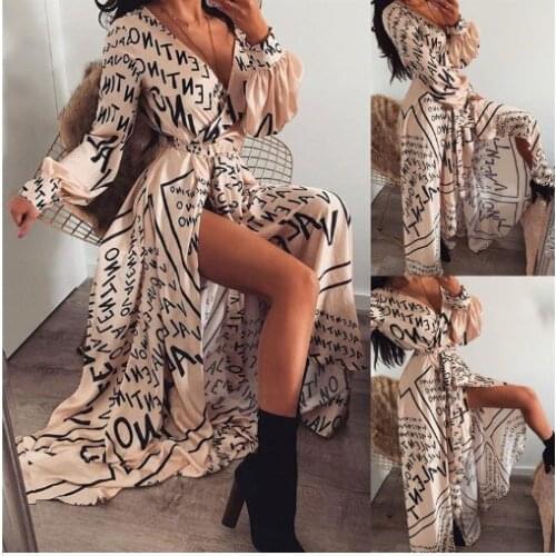 RICORIT Letter Sexy Dress Women Elegant Print Thigh Slit V Neck Boho Casual Long Sleeve Maxi Dresses Female Beach Loose Dress