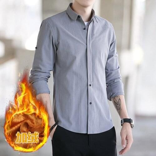 2019 New Arrival Winter Plus Velvet Shirts Men Long Sleeve Cultivate Ones Morality Mens Business Shirt Pure Color Handsome