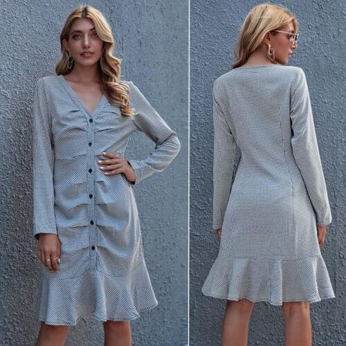 Womens Autumn Checkered V-Neck Slim Long Skirt High Waist Cardigan Slim Dress Blue