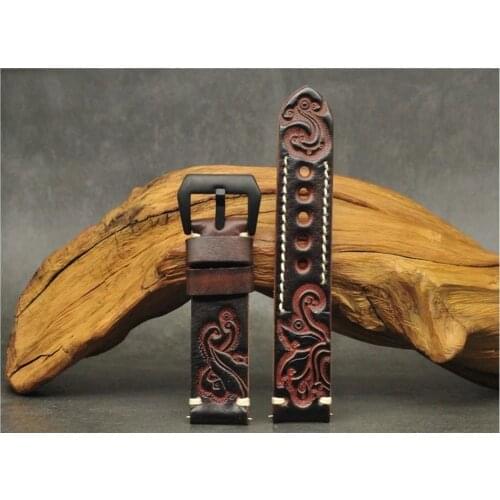 Hand-stitched Genuine Leather Watch strap Carved Embossed Watch Bands Belt with Stainless Steel Black Buckle 20mm 22mm 24mm