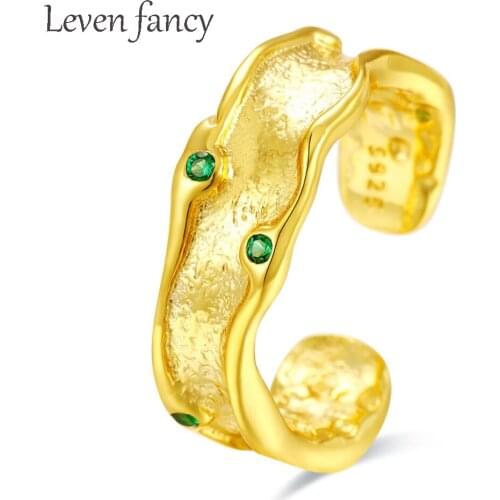 Irregular Shaped Luxury Gold Green Zircon Open Band for Woman 925 Sterling Silver Rings Boho Jewelry Gifts for Mother Girls