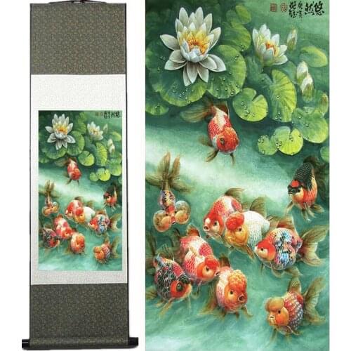 Fish painting Silk scroll paintings traditional art Chinese paintingPrinted painting