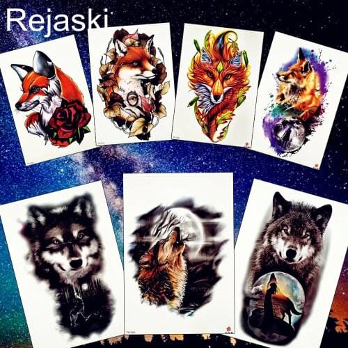 REJASKI Watercolor Roar Wolf Fox Tribal Temporary Tattoo Sticker Moon Rose Flower Waterproof Tattoos Body Art Tatoo Fake Arm