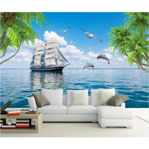 WDBH Custom photo 3d wallpaper Clear water sailing dolphin coconut tree landscape decor 3d wall murals wallpaper for walls 3 d