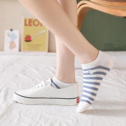 Womens Grils Stripes Embroidery Cotton Shallow Mouth white Cute Boat Socks