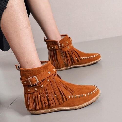 Women Vintage Ankle Boots Womens Tassel Rivet Boots Ladies Sewing Round Toe Flat Female Fashion Zip Solid Shoes Big Size 43