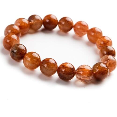 Genuine Natural Copper Hair Rutilated Quartz Crystal Round Bead Stretch Charm Women Bracelet 12mm