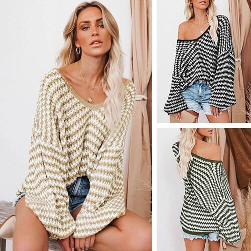 WomenS Sexy V-Neck Super Loose Sweater Fashion Puff Sleeve Long Sleeve Tops Color Block Stripe Strapless Sweater Pullover