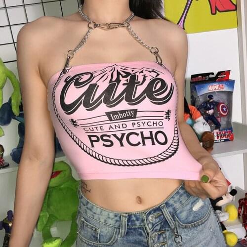 Letter Print Chain Halter Neck Top Female 2021 Hot Girl Tight-Fitting Slim Short Top Exposed Navel Sexy Hollow Sleeveless Vest