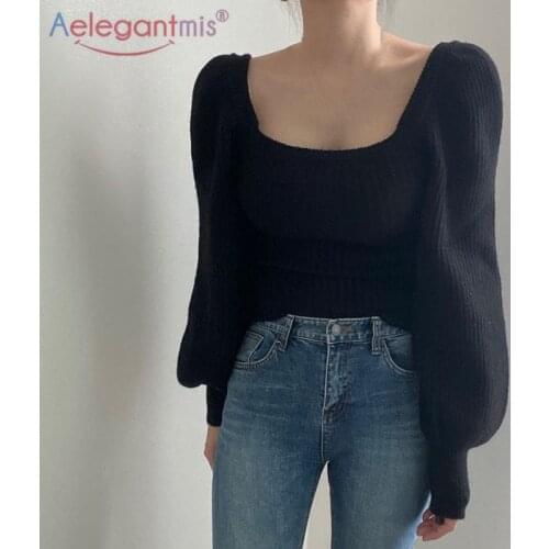Aelegantmis Korean Lantern Sleeve Square Neck Knitted Sweater Women Vintage Solid Waist Pullover Female Spring Autumn Warm Tops