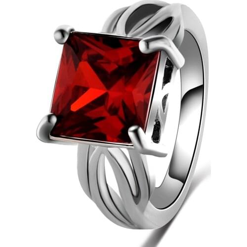 Womens Ring Square Silver Color Ring Fashion Glamour Fashion Red Zircon Ring Banquet Wedding Gift For Girlfriend
