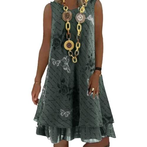 Pretty Elegant Summer Dress Butterflies Rose Print Ruffled Hem Women Round Neck Sleeveless Dress for Party O-Neck Loose Dress