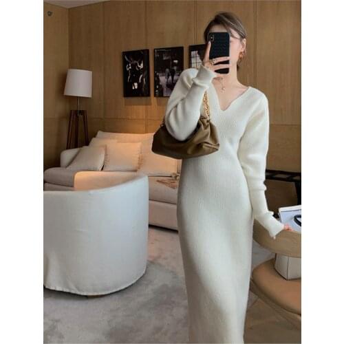 Autumn Winter A-line Sweater Dresses Elegant Knit V Neck Bodycon Vestido Women Slim Midi Dress Female Chic Vintage Office Robe