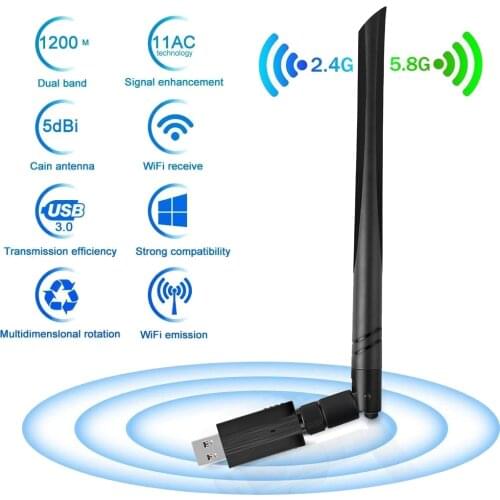 1200Mbps WLAN Card WiFi Receiver USB 3.0 Dual Band 5G/ 2.4G 5dBi Antenna WIFI Key USB Adapter For Windows/ ForMac OS