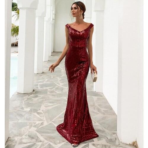 BE HYGGE Sexy Ladies Sequined Tube Top Mopping The Floor Banquet Party Red Dress Fishtail Long Skir