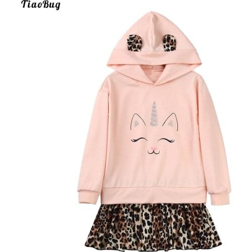 TiaoBug Spring Autumn Kids Girls Hooded Hoodie Long Sleeves Cartoon Animal Print Sweatshirt Tops With Leopard Printed Ruffle Hem