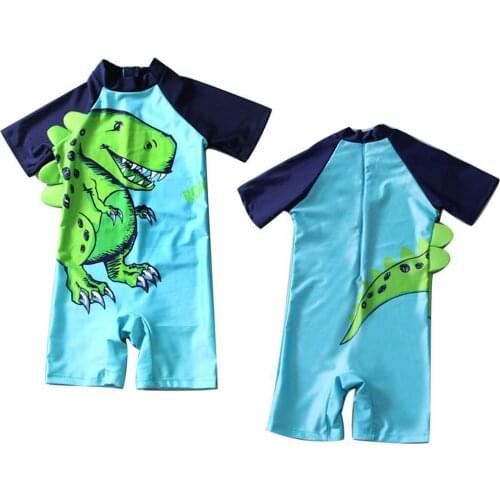 Kids Boy Dinosaur Back Zipper Short Sleeve Jumpsuit Swimsuit Swimwear Cap Set