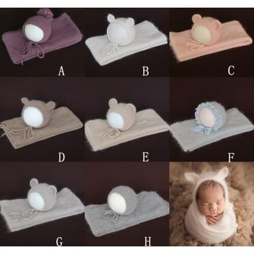 Baby Wrap Hat Set Fluffly Stretch Knit Wrap and Bear hat Full Set Hand knitted animal bonnet Sweater Layer Photogarphy props