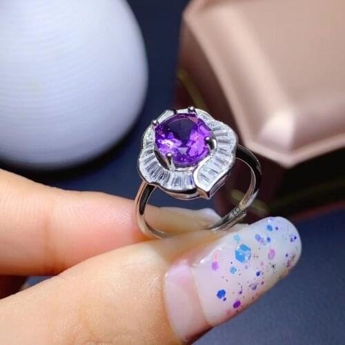Elegant Natural Amethyst Silver Ring Oval Dark Purple Real 925 Sterling Jewelry Rings for Women Fashion Anniversary Gift