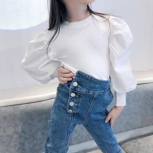 Childrens Clothing 2-7 Y Toddler Girl Long Sleeve T Shirt Spring Autumn Kids Korean Puff Sleeve Cute Shirts Girls Striped Tops