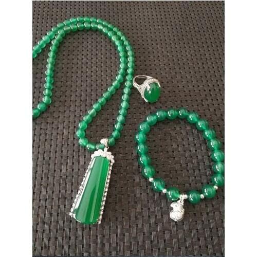 Chalcedony inlaid with 925 Silver Necklace Pendant, live ring, bracelet, three set, female jewelry gift