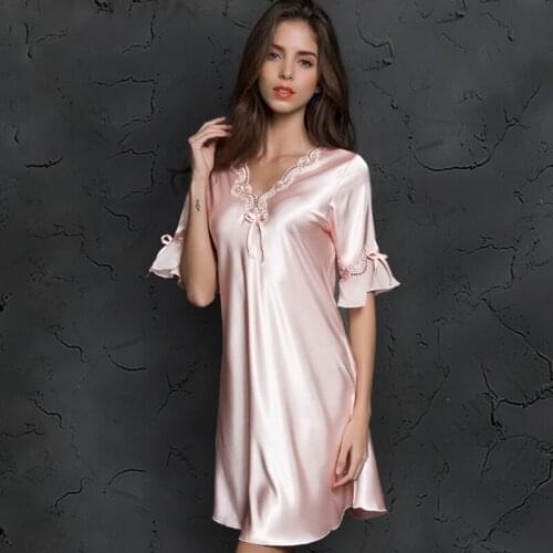V-neck Sleepdress Korean Version Ice Silk Short Sleeve Lace Skirt Home Nighty Sexy Sleepwear Women Silk Lingerie Sleeping Dress