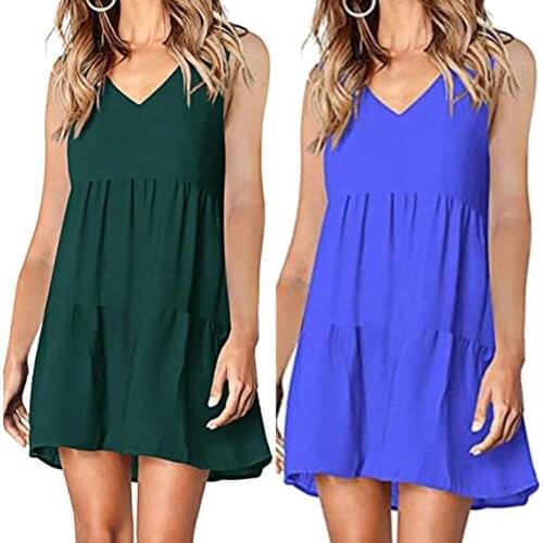 Summer Women Dress Sleeveless Solid Color V-neck Ruffle Hem Loose Mini Dress Sundress Plus Size Vestidos Femme Robe High Quality
