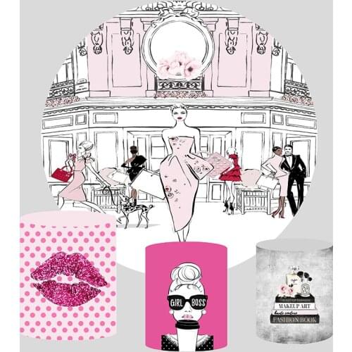 Girl Woman Shopping Fashion Circle Background Round Backdrop Birthday Party Decor Pink Cylinder Plinth Cover Elastic