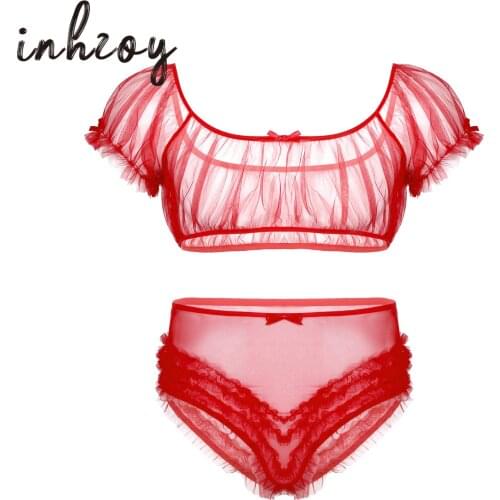 Mens Lingerie Sissy Crossdresser See Through Sheer Mesh Off Shoulder Crop Top with High Waist Frilly Ruffle Underwear Panties