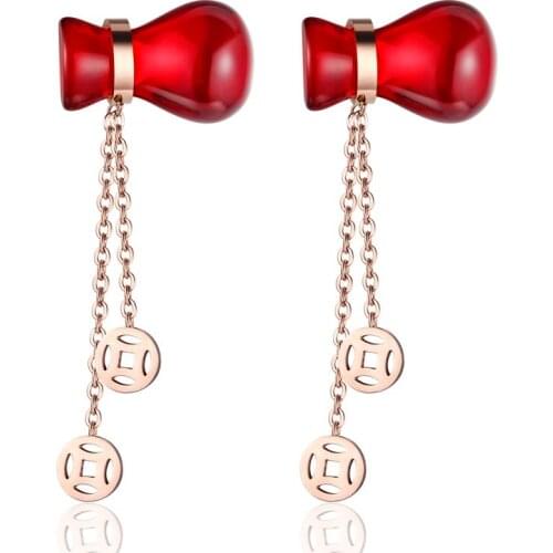 Wholesale Cute Red Gourd Blessing Bag Copper Money Tassel Earrings Titanium Steel Earrings Jewelry For Women Wedding Gifts